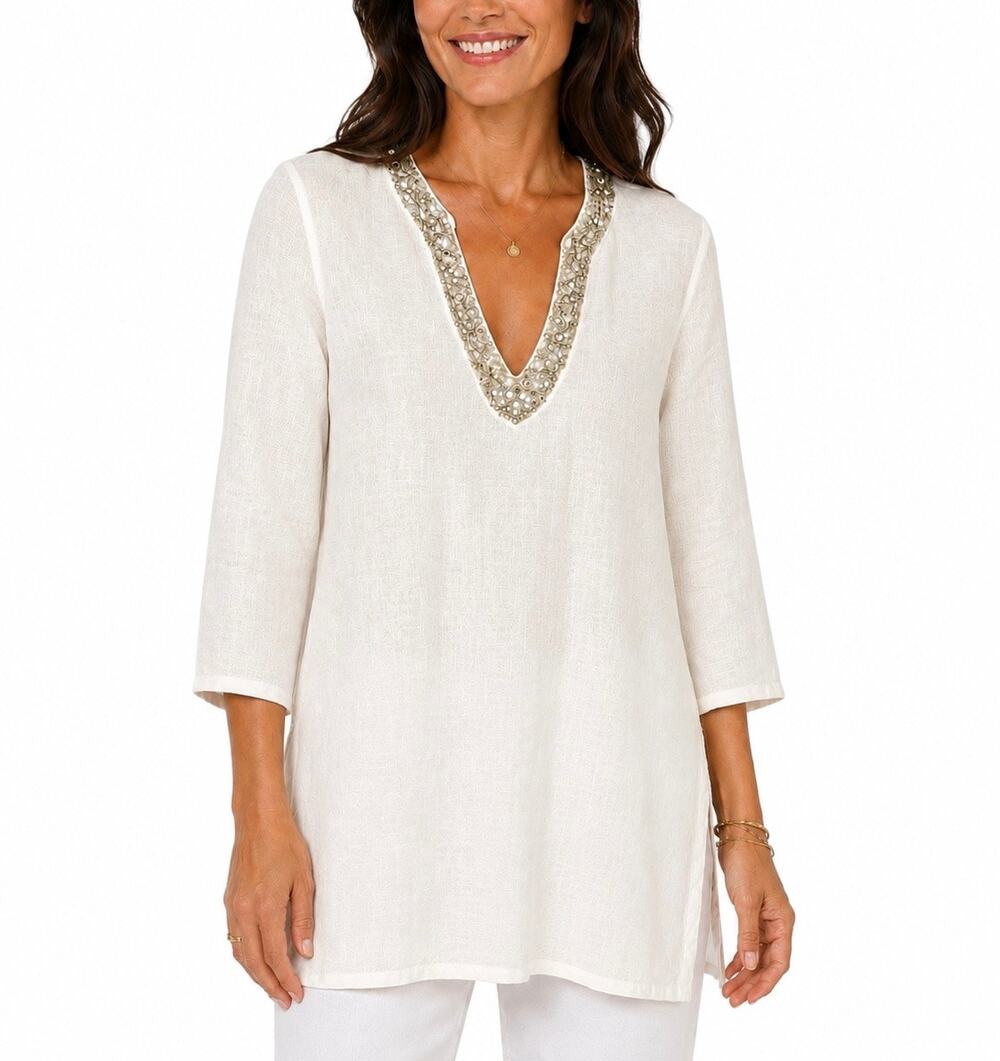 120% Lino Rhinestone Beaded 3/4 Sleeve Linen Top Women’s Size 40 White